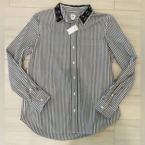 NWT GAP Women’s Size S Jeweled Neckline Black & White Striped Button Down Shirt